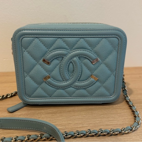 CHANEL Handbags - Chanel small teal filigree vanity crossbody bag